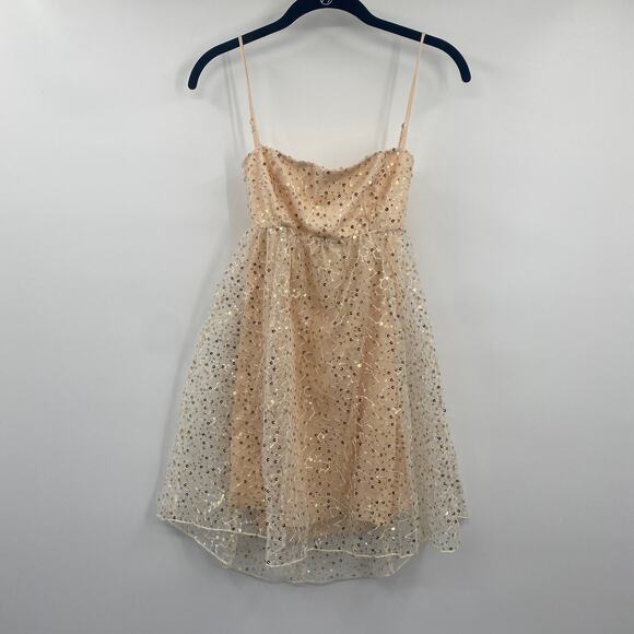Lucy in the Sky Sequin Baby Doll Mini Dress Open Tie Bow Back Beige Womens Small - Picture 3 of 9